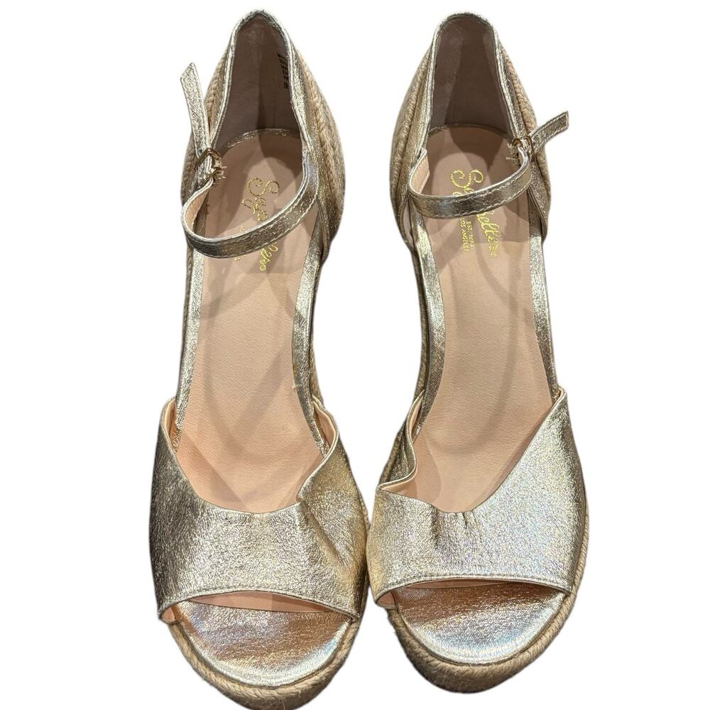 Seychelles Open Toe Gold Espadrilles 5" Wedge Boho Indie Size 9